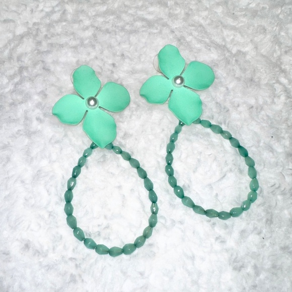 Green Floral Beaded Statement Drop Hoop Earrings - Picture 2 of 3